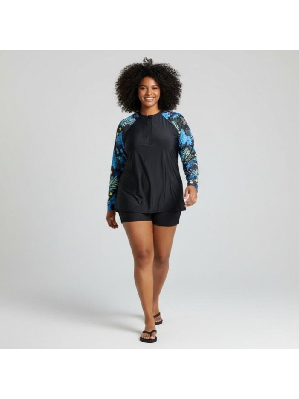 NEW Hanna Nikole Womens Rash Guard Swim Top Black w Tropical Long Slvs Quarter-Z